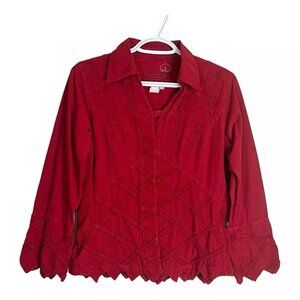 Inca Cottons Top Shirt S Red Embroidered Floral Scalloped Button Front Thick